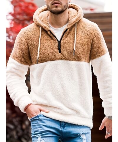 Cool Fluffy Thermal Hoodies For Men, Men's Casual Color Block Polar Fleece Pullover Hooded Sweatshirt With Kangaroo Pocket Streetwear For Winter Fall, As Gifts