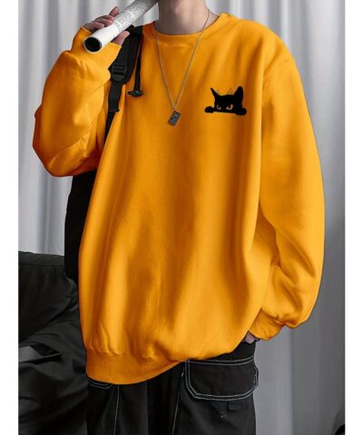 Balck Cat Print Sweatshirt, Men's Casual Graphic Design Slightly Stretch Crew Neck Pullover Sweatshirt For Spring Fall