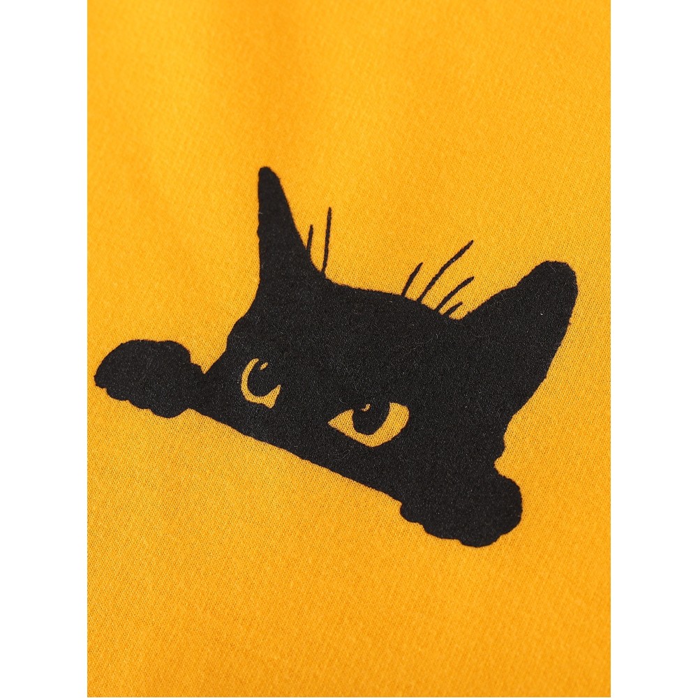 Balck Cat Print Sweatshirt, Men's Casual Graphic Design Slightly Stretch Crew Neck Pullover Sweatshirt For Spring Fall - Image 5