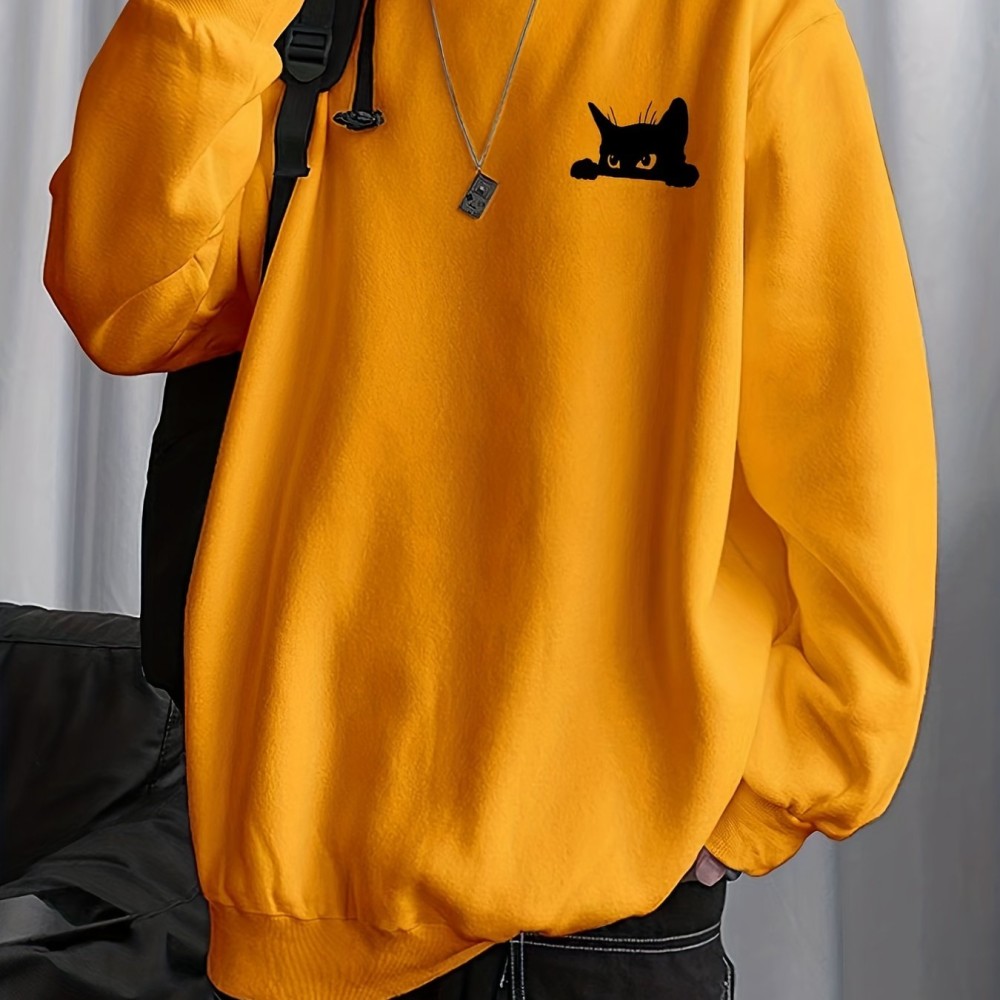 Balck Cat Print Sweatshirt, Men's Casual Graphic Design Slightly Stretch Crew Neck Pullover Sweatshirt For Spring Fall - Image 6