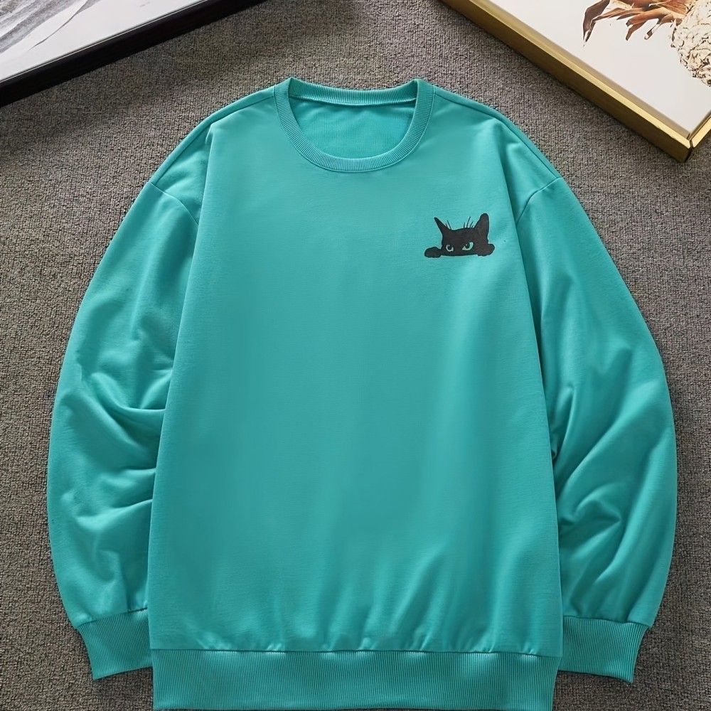 Balck Cat Print Sweatshirt, Men's Casual Graphic Design Slightly Stretch Crew Neck Pullover Sweatshirt For Spring Fall - Image 7