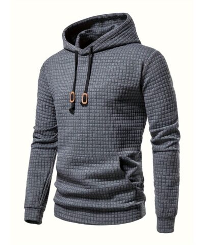 Waffle Pattern Hoodie, Cool Hoodies For Men, Men's Casual Solid Pullover Hooded Sweatshirt With Kangaroo Pocket Streetwear For Winter Fall, As Gifts