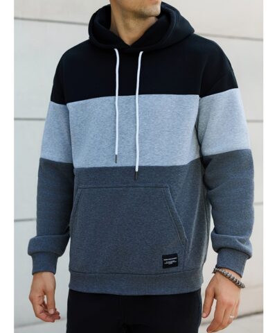 Cool Color Block Hoodies For Men, Men's Casual Design Hooded Sweatshirt With Kangaroo Pocket Streetwear For Winter Fall, As Gifts