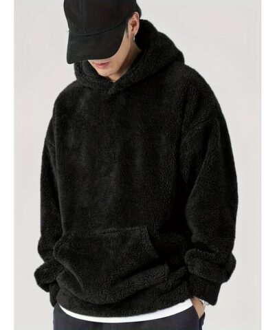 Coral Fleece Solid Color Hoodies For Men, Warm Hoodie With Kangaroo Pocket, Comfy Loose Trendy Hooded Pullover, Men's Clothing For Autumn Winter