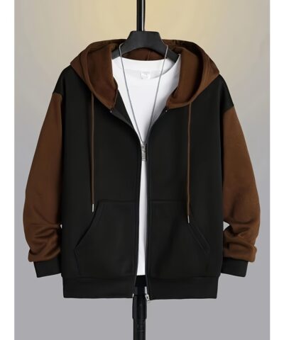 Color Block Men's All-match Hooded Sweatshirt, Men's Sports Zip Up Outwear With Pockets, Spring Fall