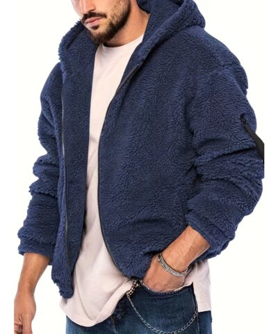 Cool Fluffy Solid For Men, Men's Casual   Polar Fleece Pullover Hooded Sweatshirt With Zipper Streetwear For Winter Fall, As Gifts