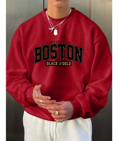 BOSTON Print Fashionable Men's Casual Long Sleeve Crew Neck Pullover Sweatshirt,Suitable For Outdoor Sports,For Autumn Spring,Can Be Paired With Hip-hop Necklace,As Gifts