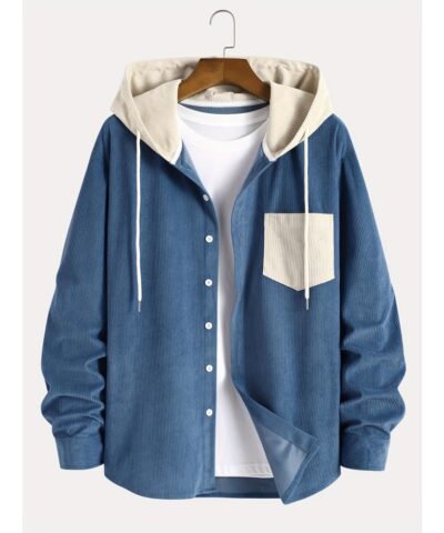 Men's Vintage Style Hooded Corduroy Button Up Jacket
