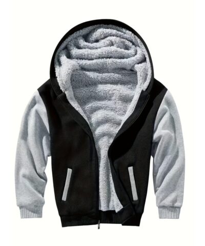 Color Block Sherpa Lined Men's Hooded Jacket Casual Long Sleeve Hoodies With Zipper Gym Sports Hooded Coat For Winter Fall