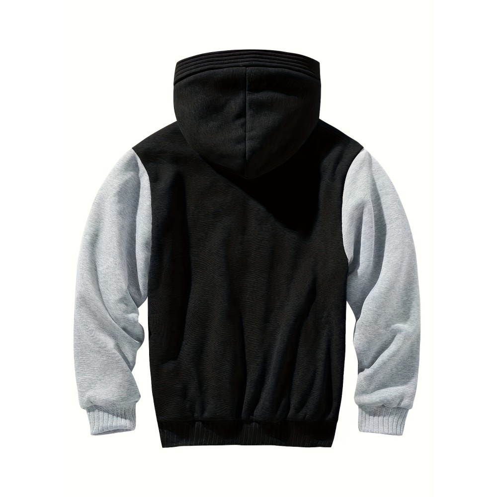 Color Block Sherpa Lined Men's Hooded Jacket Casual Long Sleeve Hoodies With Zipper Gym Sports Hooded Coat For Winter Fall - Image 2