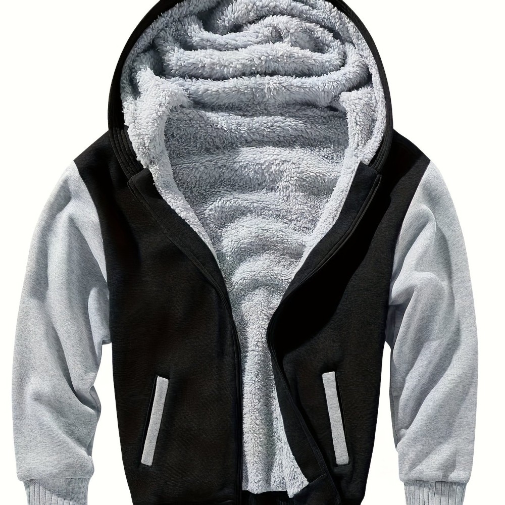 Color Block Sherpa Lined Men's Hooded Jacket Casual Long Sleeve Hoodies With Zipper Gym Sports Hooded Coat For Winter Fall - Image 6