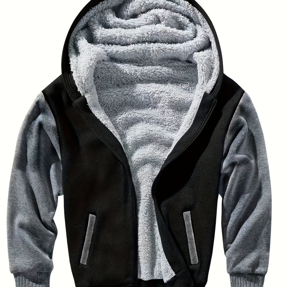Color Block Sherpa Lined Men's Hooded Jacket Casual Long Sleeve Hoodies With Zipper Gym Sports Hooded Coat For Winter Fall - Image 7