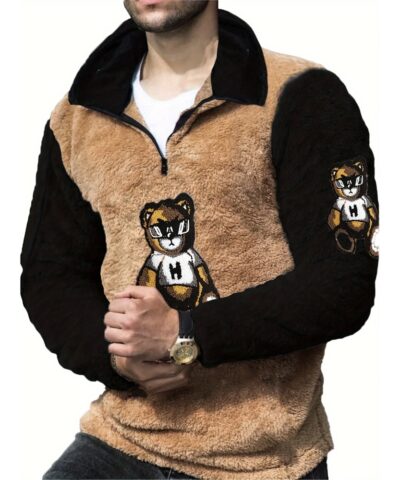 Men's Color Block Fuzzy Bear Pattern Sweatshirt, Half Zip Stand Collar Warm Pullover For Autumn Winter