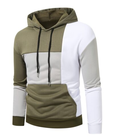 Patchwork Color Block Hoodie With Kangaroo Pocket, Men's Casual Solid Color Slightly Stretch Drawstring Pullover Hooded Sweatshirt For Spring Fall