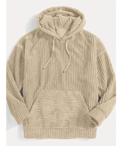 Vintage Corduroy Hoodies For Men, Men's Casual Pullover Hooded Sweatshirt With Kangaroo Pocket Streetwear For Winter Fall, As Gifts