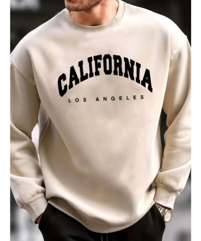 California Print Trendy Sweatshirt, Men's Casual Graphic Design Slightly Stretch Crew Neck Pullover Sweatshirt For Autumn Winter