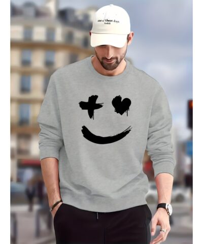 Trendy Grimace Print Men's Crew Neck Long Sleeve Sweatshirt, Casual Wear, Graphic Pullover, Men's Clothing For Spring Fall Winter