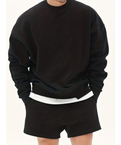 Men's Trendy Solid Sweatshirt, Casual Cotton Slightly Stretch Breathable Long Sleeve Loose Top For Outdoor
