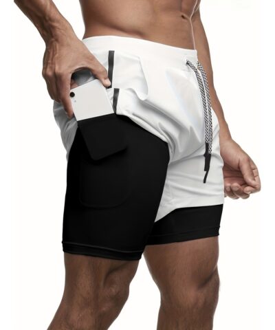 2-in-1 Double Layer Shorts With Inner Zipper Pocket, Men's High Stretch Sports Shorts For Summer Gym Workout Training