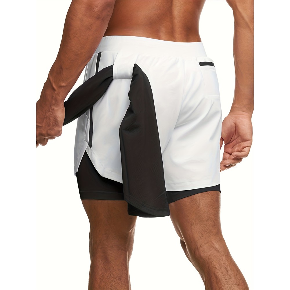 2-in-1 Double Layer Shorts With Inner Zipper Pocket, Men's High Stretch Sports Shorts For Summer Gym Workout Training - Image 2