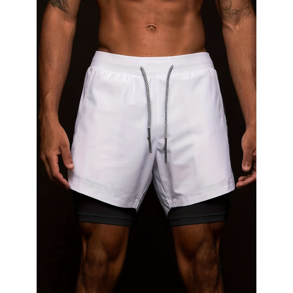 2-in-1 Double Layer Shorts With Inner Zipper Pocket, Men's High Stretch Sports Shorts For Summer Gym Workout Training - Image 3