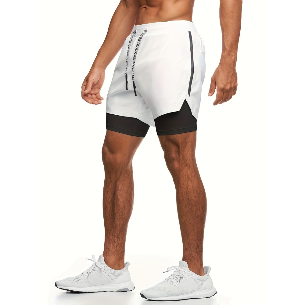 2-in-1 Double Layer Shorts With Inner Zipper Pocket, Men's High Stretch Sports Shorts For Summer Gym Workout Training - Image 4