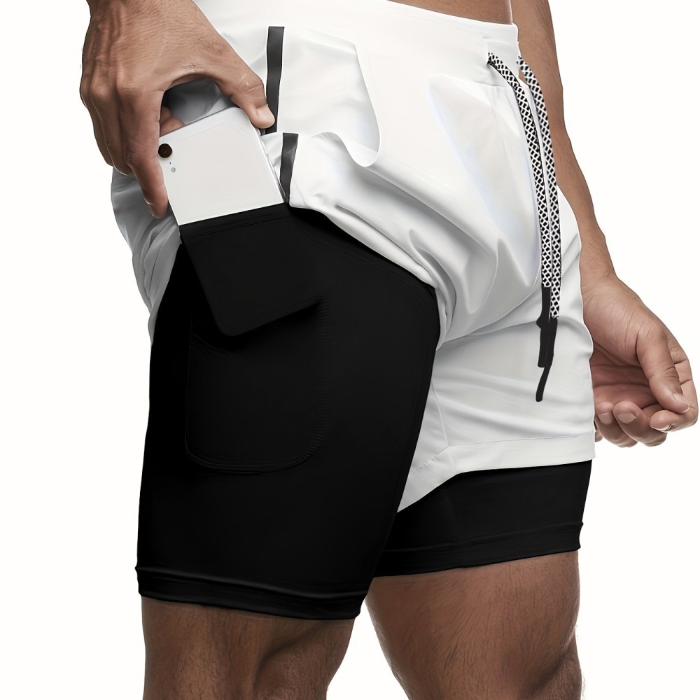 2-in-1 Double Layer Shorts With Inner Zipper Pocket, Men's High Stretch Sports Shorts For Summer Gym Workout Training - Image 6