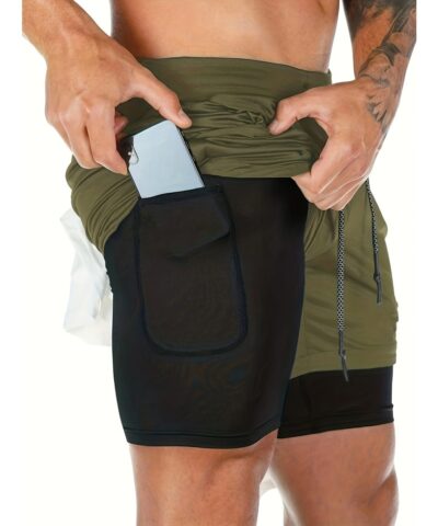 2-in-1 Double Layer Shorts With Inner Pocket, Men's Mid Stretch Sports Shorts For Summer Gym Workout Training