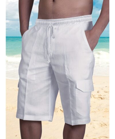 Classic Design Cotton Cargo Shorts, Men's Casual Multi Pocket Waist Drawstring Cargo Shorts For Summer Outdoor