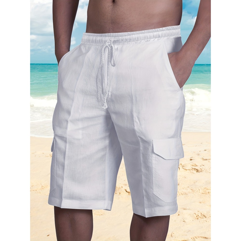 Classic Design Cotton Cargo Shorts, Men's Casual Multi Pocket Waist Drawstring Cargo Shorts For Summer Outdoor