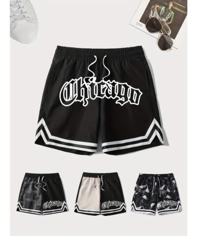Letter Print Chevron Quick Drying Comfy Shorts, Men's Casual Waist Drawstring Shorts For Summer Gym Workout Training