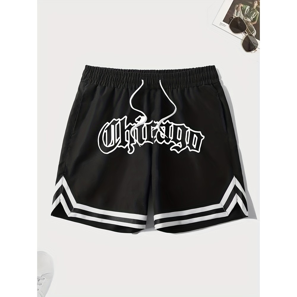 Letter Print Chevron Quick Drying Comfy Shorts, Men's Casual Waist Drawstring Shorts For Summer Gym Workout Training - Image 3