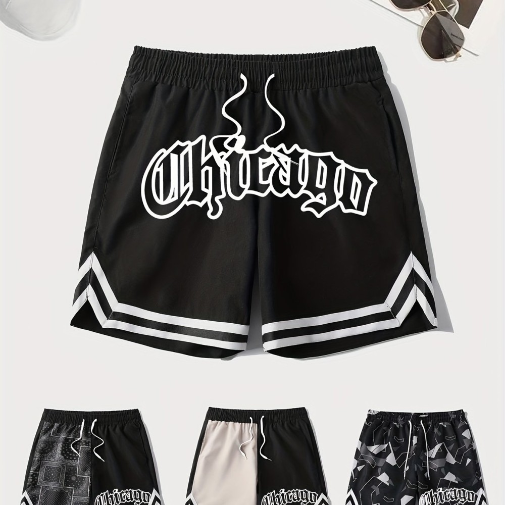 Letter Print Chevron Quick Drying Comfy Shorts, Men's Casual Waist Drawstring Shorts For Summer Gym Workout Training - Image 6