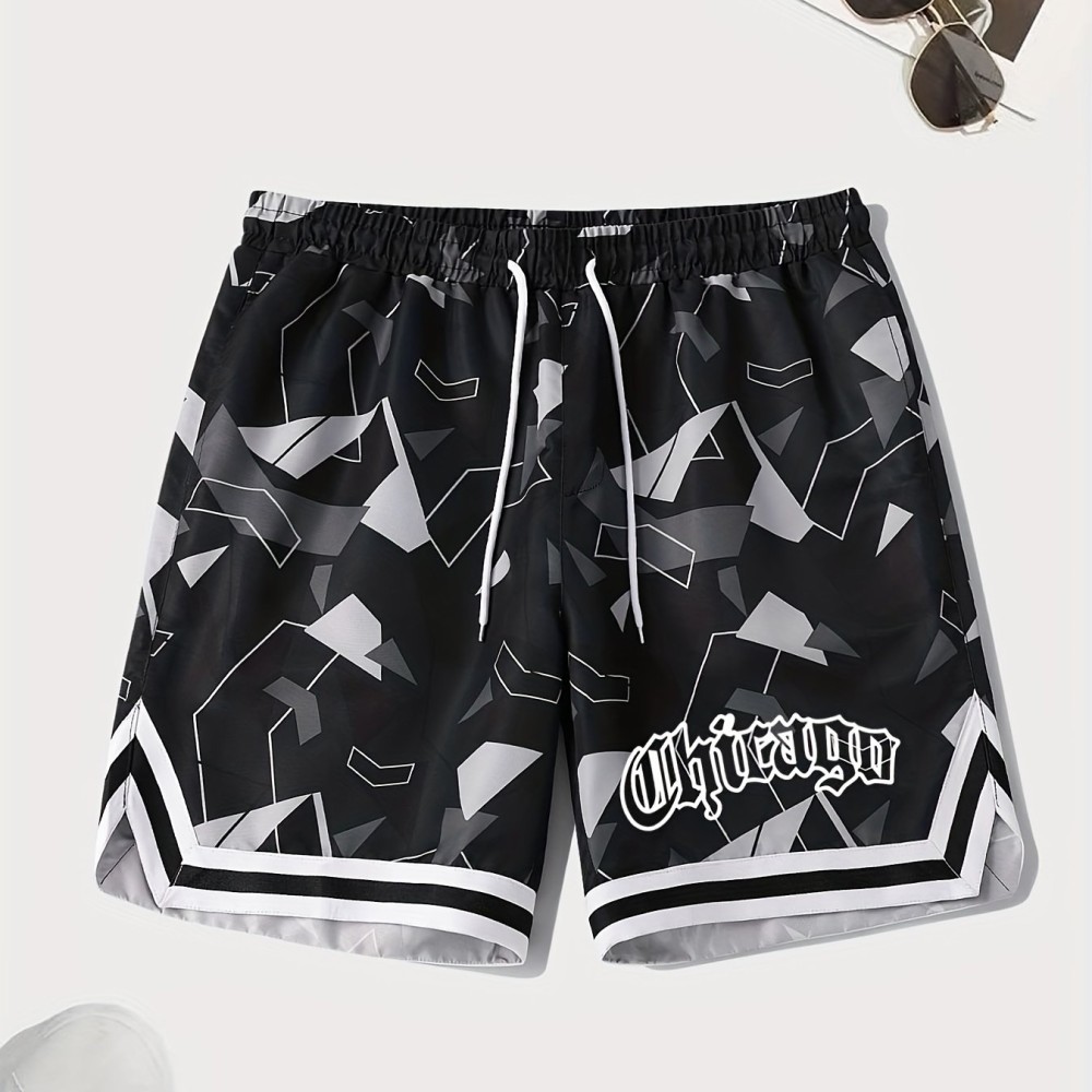 Letter Print Chevron Quick Drying Comfy Shorts, Men's Casual Waist Drawstring Shorts For Summer Gym Workout Training - Image 9