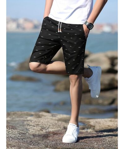 Casual Cotton Slightly Stretch Fish Bone Pattern Drawstring Shorts, Men's Cropped Pants For Summer