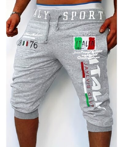 Italy Flag Letter Print Comfy Shorts, Men's Casual Solid Color Slightly Stretch Elastic Waist Drawstring Shorts For Summer