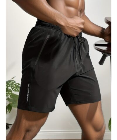 Quick Drying Comfy Active Shorts, Men's Casual Zipper Pockets Stretch Waist Drawstring Shorts For Summer Gym Workout Training