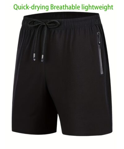 Zipper Pockets Quick Drying Comfy Active Shorts, Men's Casual Stretch Waist Drawstring Shorts For Summer