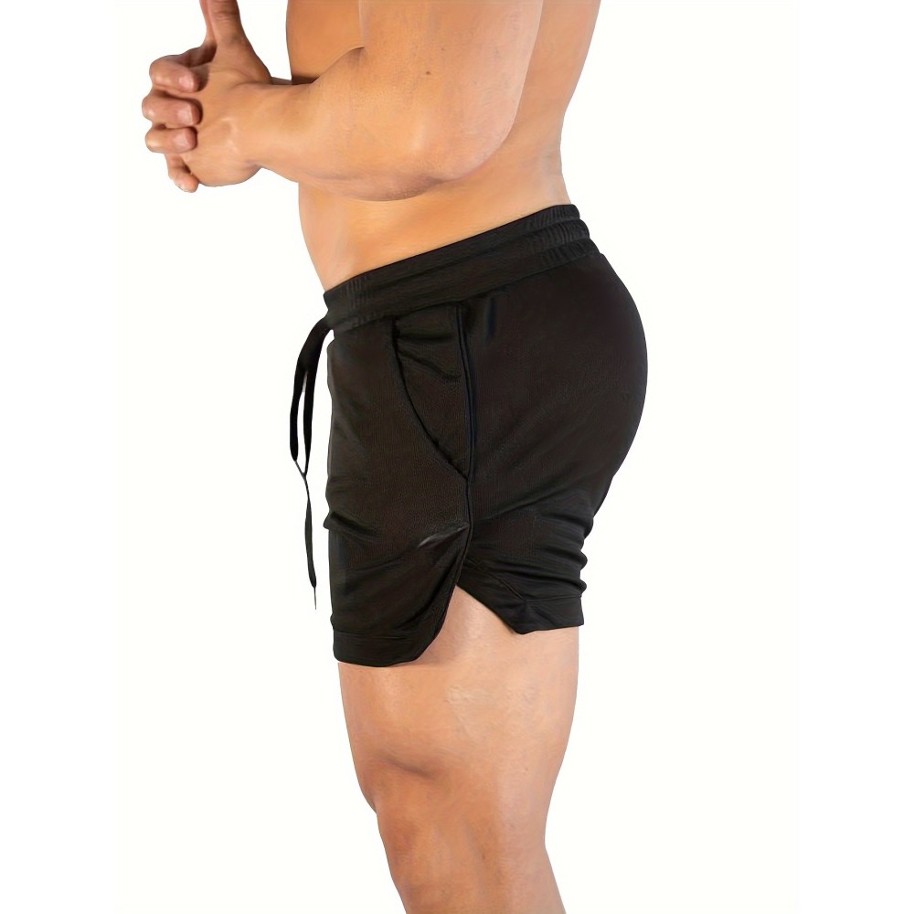 Men's Breathable Solid Shorts With Pockets, Summer Drawstring Elastic Waist Shorts For Running, Fitness, Training - Image 2