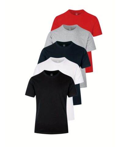5pcs Multi Color Men's Solid Comfy Cotton Casual T-Shirts Set, Basic Crew Neck Tees For Summer Sports