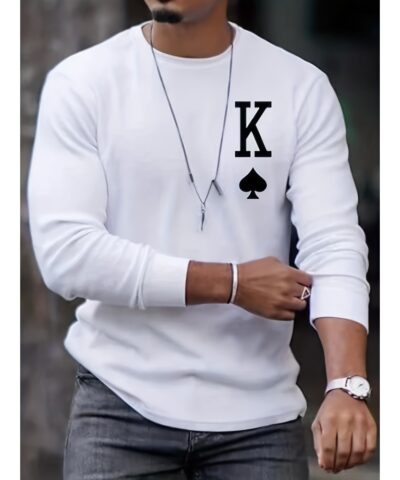 Letter K Print Long Sleeve Sports Shirt, Men's Casual Crew Neck Sport T-shirt