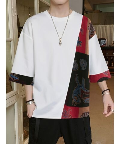 Men Loose T-Shirt Patchwork Round Neck Tee Streetwear Vintage Tops