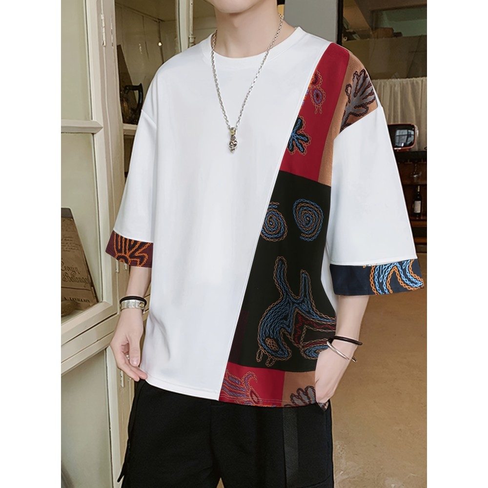 Men Loose T-Shirt Patchwork Round Neck Tee Streetwear Vintage Tops - Image 2