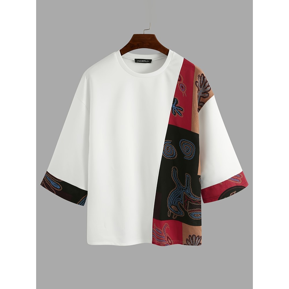 Men Loose T-Shirt Patchwork Round Neck Tee Streetwear Vintage Tops - Image 3