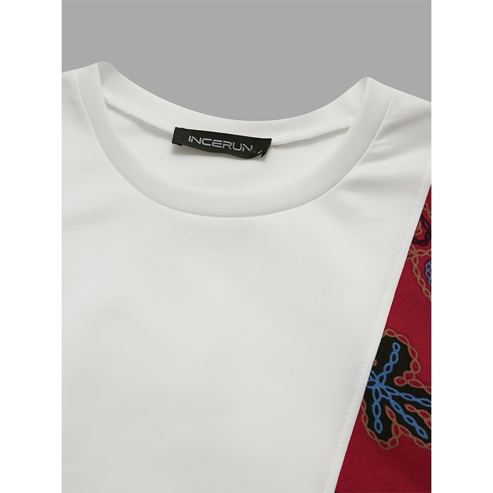 Men Loose T-Shirt Patchwork Round Neck Tee Streetwear Vintage Tops - Image 5