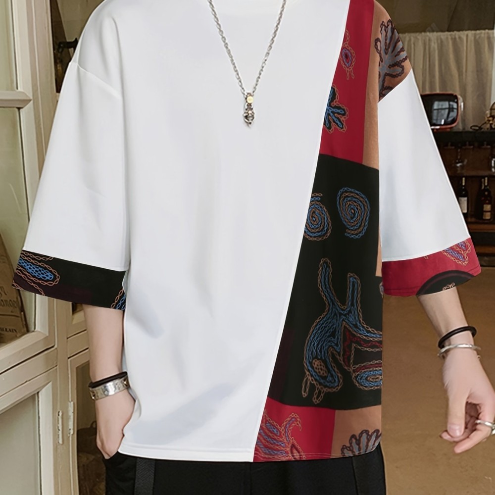 Men Loose T-Shirt Patchwork Round Neck Tee Streetwear Vintage Tops - Image 6