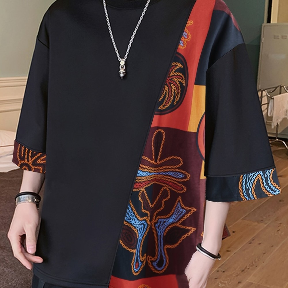 Men Loose T-Shirt Patchwork Round Neck Tee Streetwear Vintage Tops - Image 7