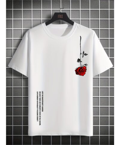 Men's Casual Crew Neck Rose Print Short Sleeves T-shirt For Summer