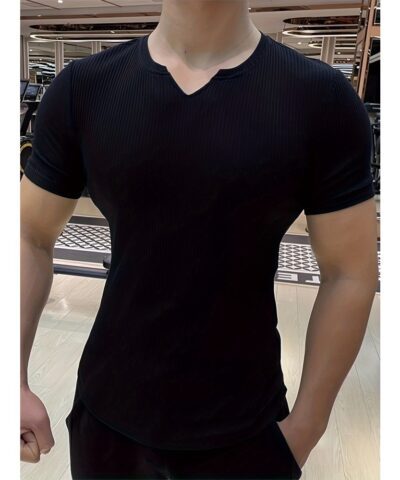 Men's Stylish Solid Shirt, Casual Breathable V Neck Short Sleeve Tee Top For City Walk Street Hanging Outdoor Activities
