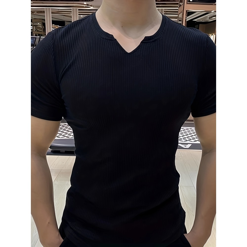 Men's Stylish Solid Shirt, Casual Breathable V Neck Short Sleeve Tee Top For City Walk Street Hanging Outdoor Activities - Image 3